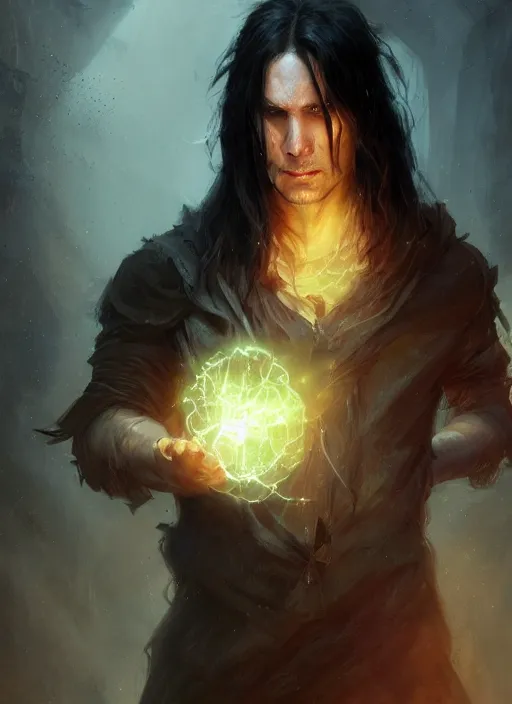 Image similar to portrait of a man with long black hair in brown rags holding a glowing device, fantasy, d & d, heartstone, digital painting, volumetric light, intricate, sharp, focus, bloom, illustration, highly detailed, concept art, matte, ruan jia, randy vargas, greg rutkowski