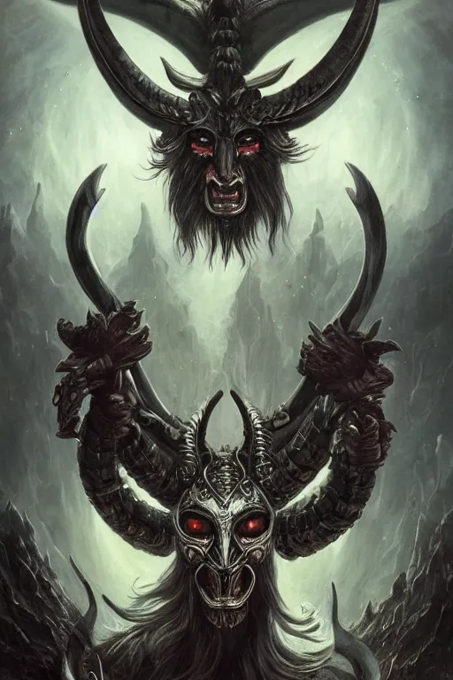 Image similar to full body concept art of baphomet wearing viking helm made with porcelain by Jeff Easley and Peter Elson + beautiful eyes, beautiful face + symmetry face + galaxy + gothic, surreal, dread + highly detailed, intricate complexity, epic composition, magical atmosphere + masterpiece, award winning + trending on artstation