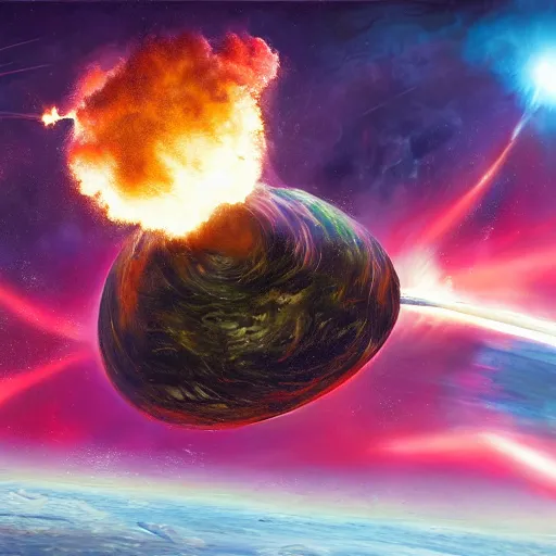 Image similar to photo of an alien world exploding, there is a ship that just barely escapes, hyperrealism