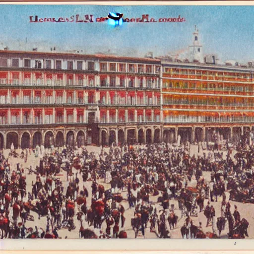 Prompt: colored postcard of la plaza mayor de madrid in 1 9 2 7 ; bromide real photo card with some additional hand - colouring