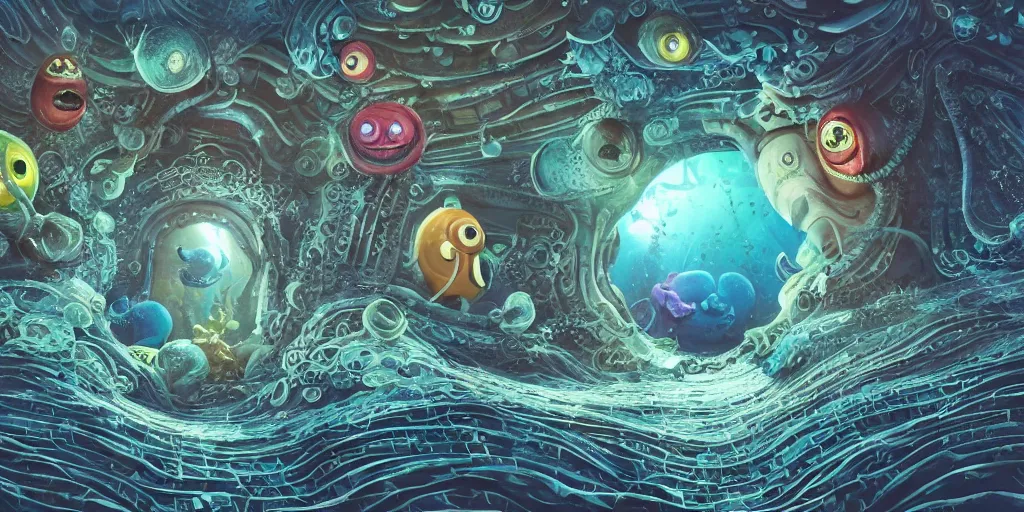 Image similar to of an intricate deep sea with strange cute friendly happy creatures with huge eyes, long tongue, round teeth and goofy funny face, appearing from the background, in the style of gehry and gaudi, macro lens, shallow depth of field, ultra detailed, digital painting, trending artstation, concept art, illustration, cinematic lighting, photorealism, epic, octane render