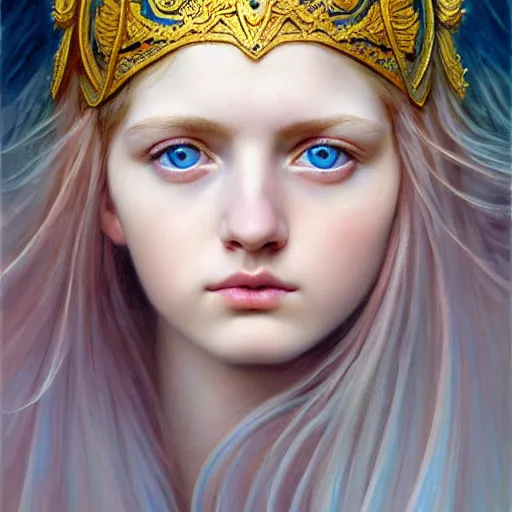 Image similar to young poppy goddess, portrait, blue eyes, beautiful face, long hair, emotionally evoking symbolic metaphor, head in focus, fantasy, ornamental, intricate, elegant, sensual, highly detailed, digital painting, artstation, concept art, smooth, golden ratio, sharp focus, illustration, art by John Collier and Krenz Cushart and Artem Demura and and Greg Rutkowski and Alphonse Mucha and Albert Aublet