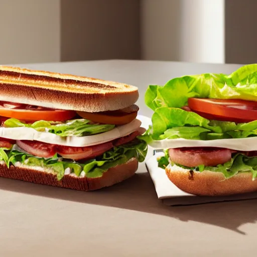 Prompt: still from ad for panera's new nlt sandwich ( nails, lettuce, and tomato )