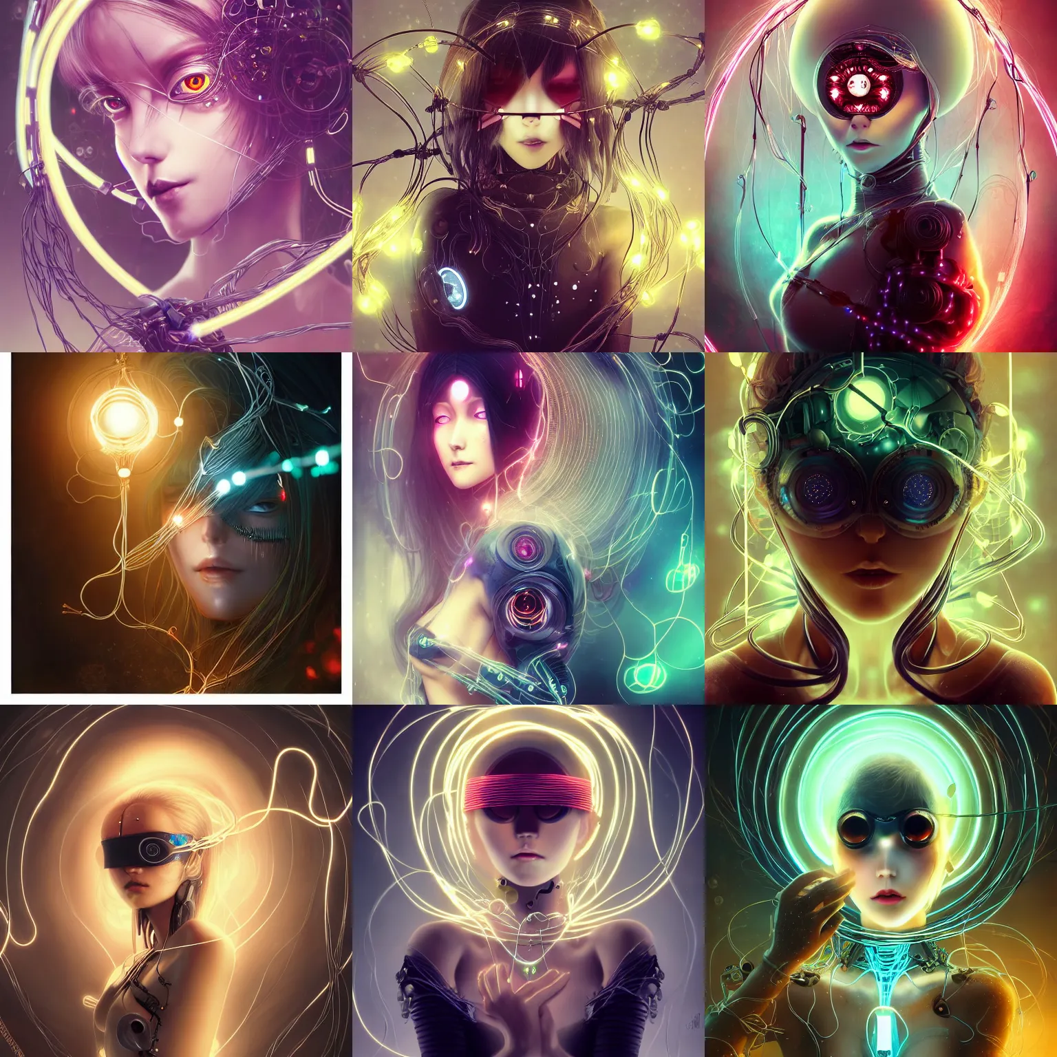 Prompt: blindfolded dreaming humanoid female cyborg wearing gothic ornament surrounded by glowing wires by Anna Dittmann, by hayao miyazaki, digital art. surreal. trending on art station. anime arts. featured on Pixiv, HD, 8K, highly detailed, good lighting. beautiful. epic.