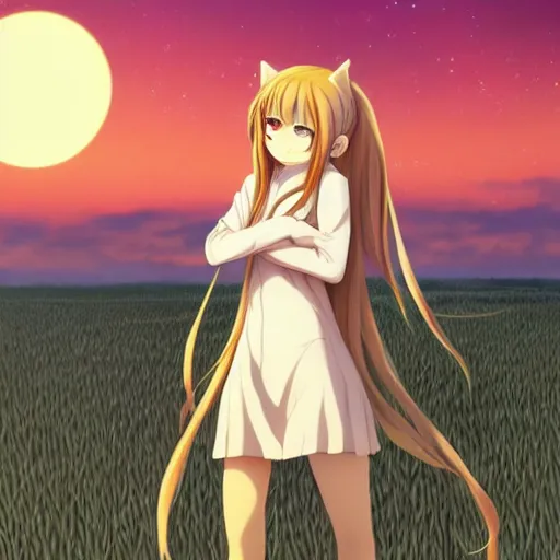 Image similar to anime illustration of Holo from Spice and Wolf standing in a wheat field at sunset, Holo is a wolf girl, high detail, trending on pixiv