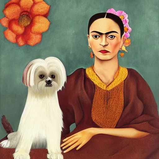 Image similar to cream colored havanese dog with frida kayla painting by frida kahlo 1 9 3 5