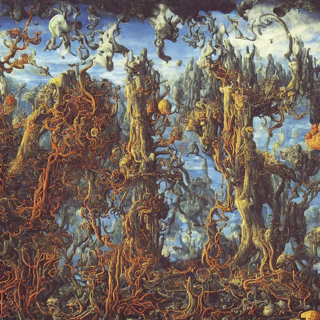 Prompt: a single colorful! ( lovecraftian ) fungus temple white! clear empty sky, a high contrast!! ultradetailed photorealistic painting by jan van eyck, audubon, rene magritte, agnes pelton, max ernst, walton ford, andreas achenbach, ernst haeckel, hard lighting, masterpiece