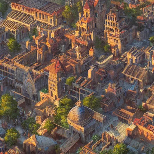 Image similar to a medieval city from above, beautiful, detailed, temple, market, palace, tavern, concept art illustration, color page, tone mapping, akihiko yoshida, james jean, andrei riabovitchev, marc simonetti, digital illustration, greg rutowski, volumetric lighting, sunbeams, particles