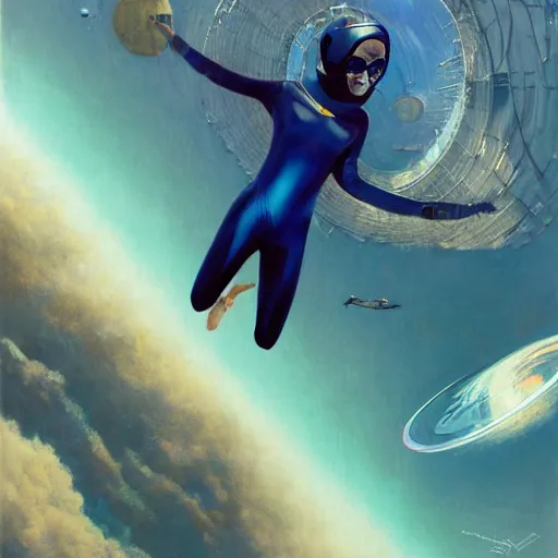 Image similar to woman in flight suit plunging into an abyss, bubbles, currents, dyson sphere, wet reflections, prism, atmospheric, ambient, pj crook, syd mead, livia prima, artgerm, greg rutkowski, nick alm, casey baugh