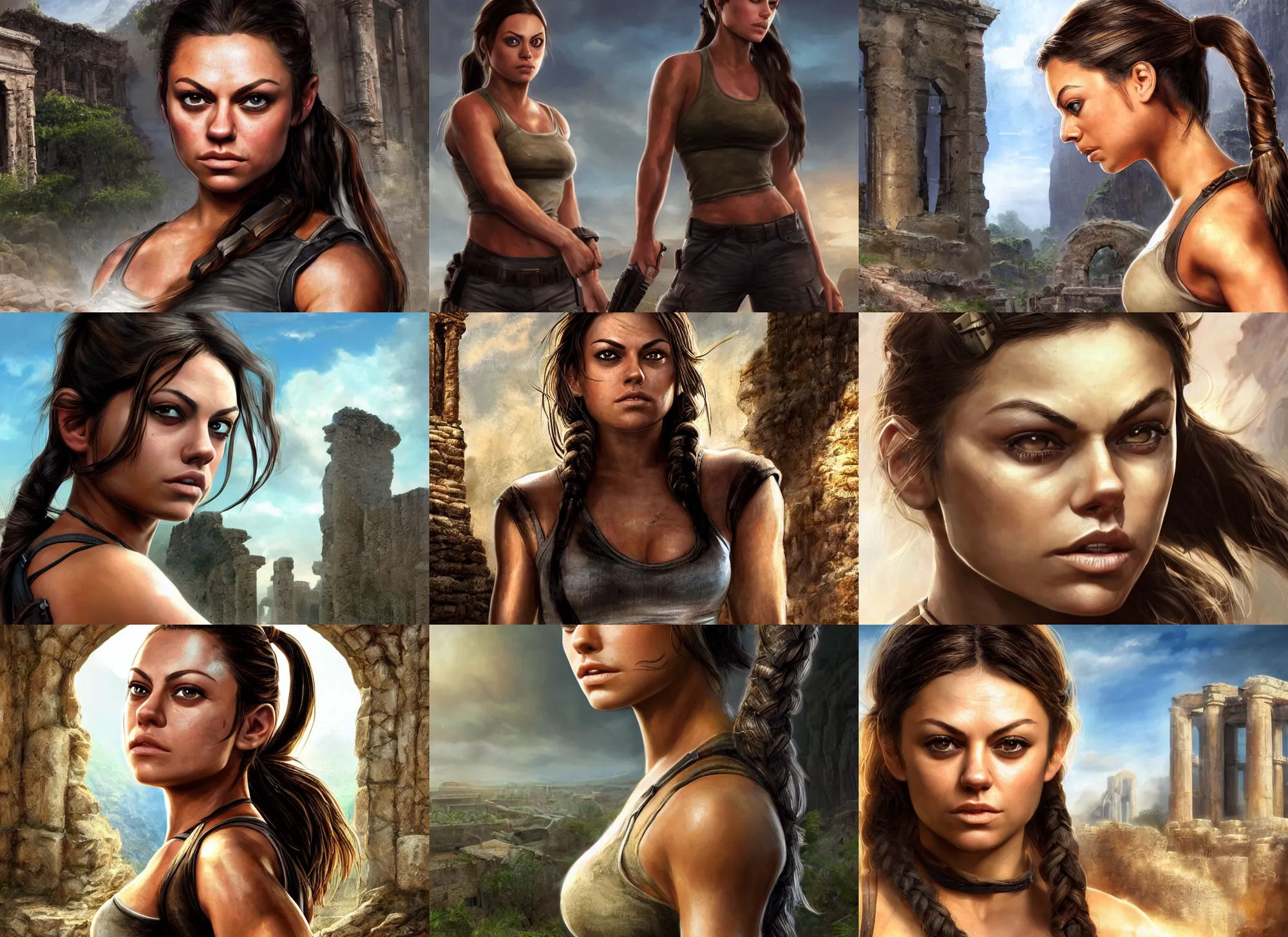 Prompt: face portrait of concentrated young Mila Kunis as muscled Lara Croft with pigtails hair stepping out epic ancient ruins directly looking into the camera, sun beams, intricate, elegant, highly detailed, centered, crispy sharp digital painting, artstation, concept art, smooth, sharp focus, illustration, Allan Lee, John Howe