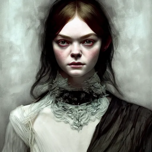 Image similar to asymmetrical!! portrait of elle fanning in bloodborne in the world of andrew wyeth, horror, fashion, dark!! intricate, elegant, highly detailed, digital painting, artstation, concept art, smooth, sharp focus, illustration, art by artgerm and greg rutkowski and alphonse mucha