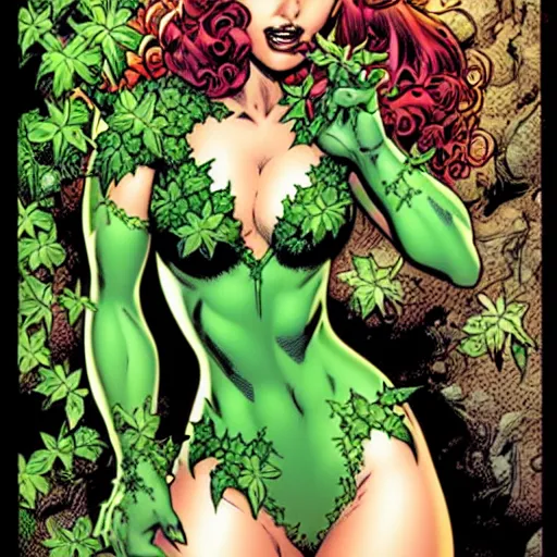 Image similar to Poison Ivy, comic portrait by J Scott Campbell, intricate details, vintage comic book cover scan