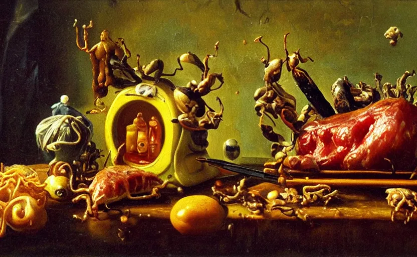 Image similar to disturbing colorful oil painting dutch golden age vanitas still life with bizarre objects strange gooey transparent surfaces shiny metal reflections bizarre mutant meat insects rachel ruysch dali todd schorr very detailed perfect composition rule of thirds masterpiece canon 5 0 mm, cinematic lighting, photography, retro, film, kodachrome