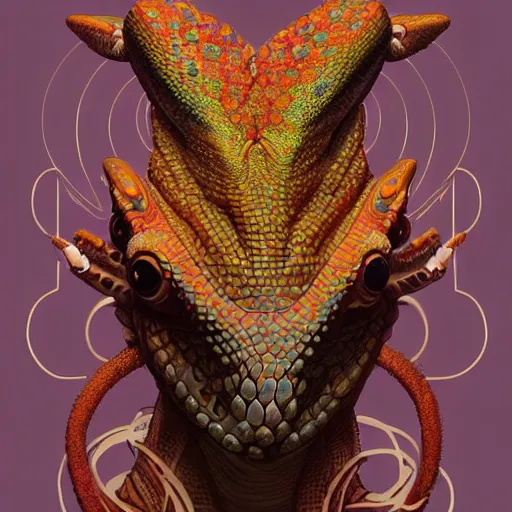 Prompt: a portrait of a lizard anthropomorphic shaman, upper half portrait, symmetry, intricate, elegant, highly detailed, symmetry, headpiece, digital painting, artstation concept art smooth sharp focus, illustration, art by artgerm and greg rutkowski alphonse mucha 8 k