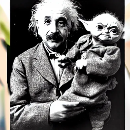 Prompt: sweet photo of Einstein holding baby yoda on his arm