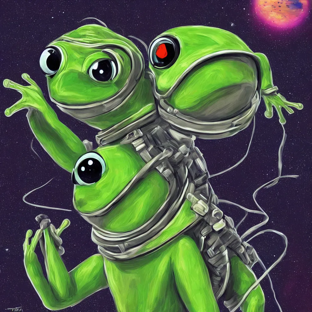 Prompt: long shot, frog wearing a complex astronaut suit in the style of 2001 a space odyssey, digital art, ultra realistic, ultra detailed, art by tasia.m.s, hyperdetailed