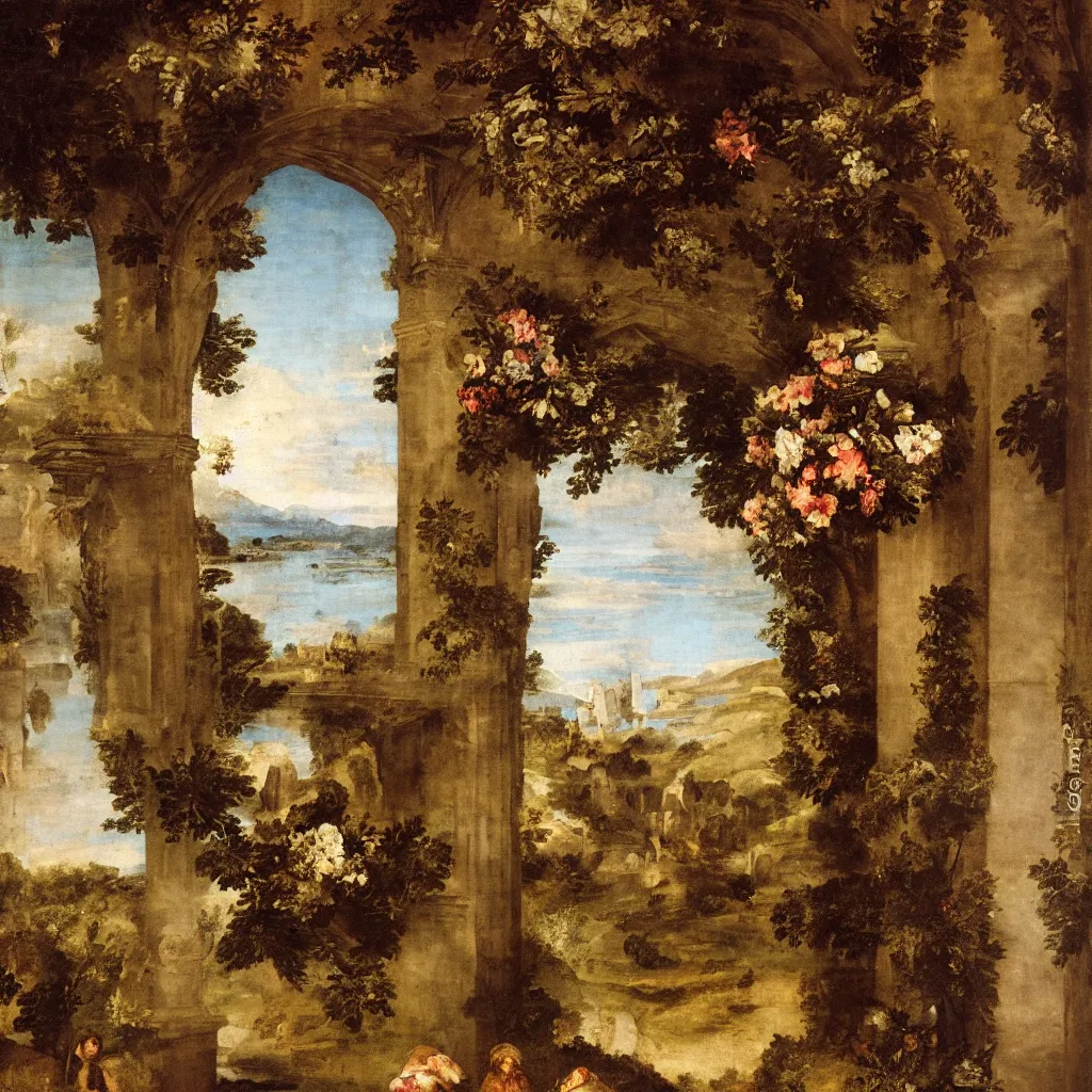 Prompt: a Titian painting of the inside of a on old church that is decorated with flowers and lakes in the background