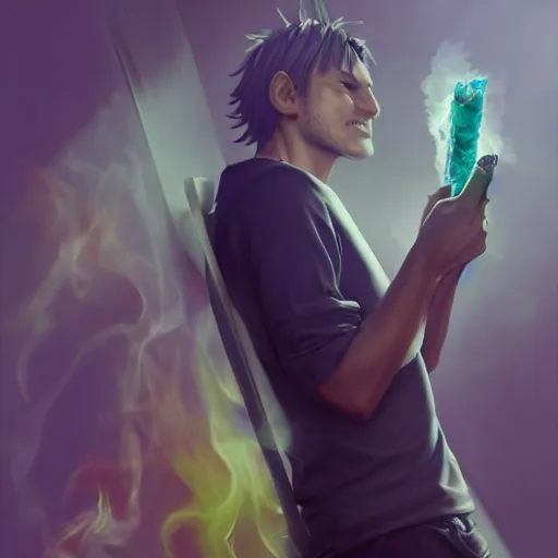 Prompt: realistic beelzebub smoking a joint in a 7 - 1 1 store, volumetric lighting, cgsociety, artstation, in the style of artgerm