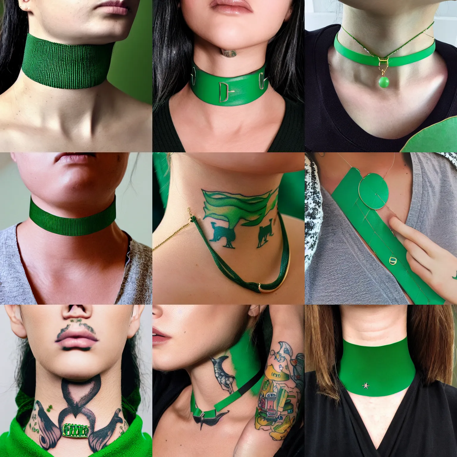 Prompt: straight neck, green choker, tattoos