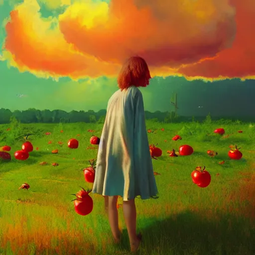 Image similar to giant tomato plant in front of head, full body girl dancing in a tomato garden, surreal photography, sunrise, dramatic light, impressionist painting, colorful clouds, digital painting, artstation, simon stalenhag