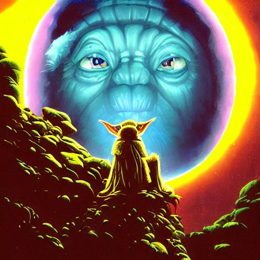 Prompt: portrait of yoda howling at the moon as a wolfman, overwhelming energy, detailed background by m. w. kaluta + bruce pennington, dark side, neon color, volumetric lighting, colorful vapor, deep dark color, floating molecules, digital painting, oil painting, artwork by ralph mcquarrie + cory loftis + andreas rocha + paul lehr + ian mcque + eddie mendoza