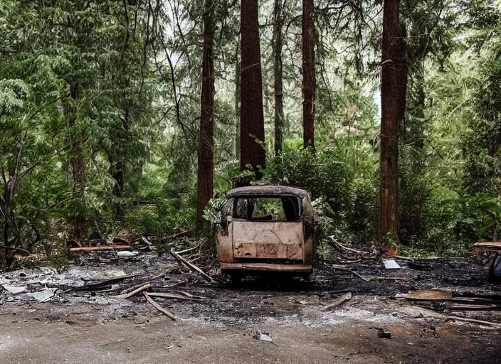 Prompt: an overgrown street corner, derelict vehicles taken by the vegetation, a camp fire sits in the forest ground with trees framing the shot,