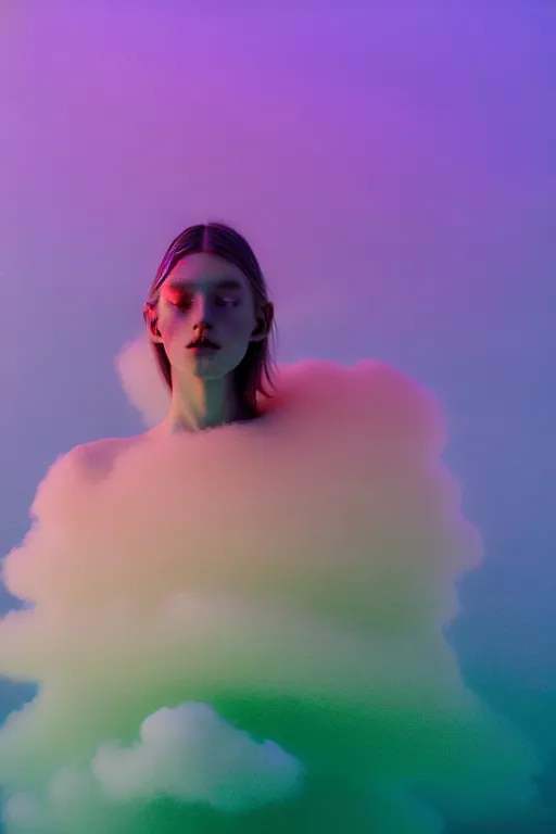 Image similar to high quality pastel coloured film close up wide angle photograph of a model wearing clothing swimming on cloud furniture in a icelandic black rock!! environment in a partially haze filled dreamstate world. three point light, rainbow. photographic production. art directed. pastel colours. volumetric clouds. pastel gradient overlay. waves glitch artefacts. extreme facial clarity. 8 k. filmic.