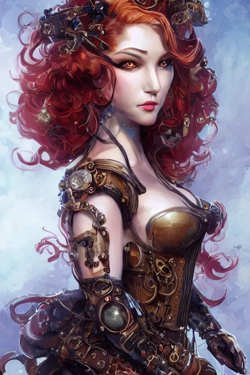 Image similar to three-quarters pose portrait of sensual Lady Mechanika, very beautiful young woman, ginger wavy hair, Intricate, steampunk imagery themed, D&D!, fantasy style, sharp focus!, ultra detailed, art by Artgerm and Peter Andrew Jones, WLUP