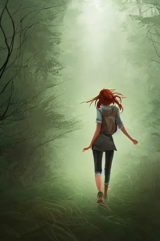 Prompt: young woman trying to walk through heavy winds in tall overgrown forest, award winning illustration, artstation