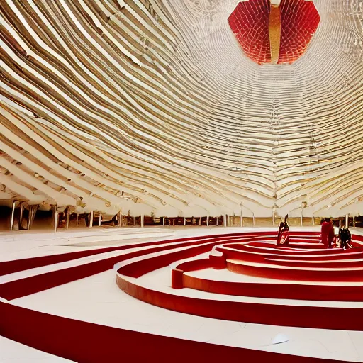 Image similar to interior of a futuristic lotus temple with gold, red and white marble panels, in the desert, by buckminster fuller and syd mead, intricate contemporary architecture, photo journalism, photography, cinematic, national geographic photoshoot