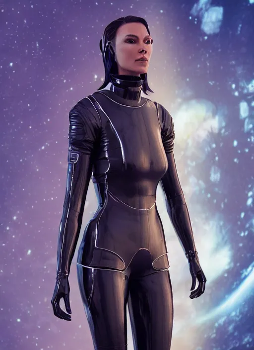 Prompt: full head and body portrait of strikingly beautiful slim mature woman wearing leather spacesuit, space empress in scifi clothing, photograph, 4 k, ultrarealism, octane render, uplighting, studio photo, artgerm, artstation concept character, science fiction