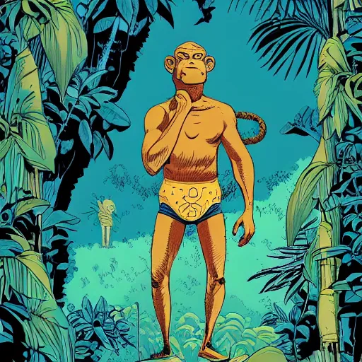 Image similar to Bipedal gorilla wearing t-shirt and shorts, background jungle, graphic novel, by James Jean, Victo Ngai, David Rubín, Mike Mignola, Laurie Greasley,