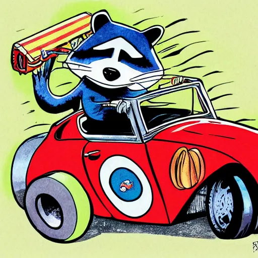 Image similar to funny, comic book style, racoon riding in a tiny hot rod coupe with oversized engine, ratfink style by ed roth, centered award winning watercolor pen illustration, by chihiro iwasaki, edited by range murata