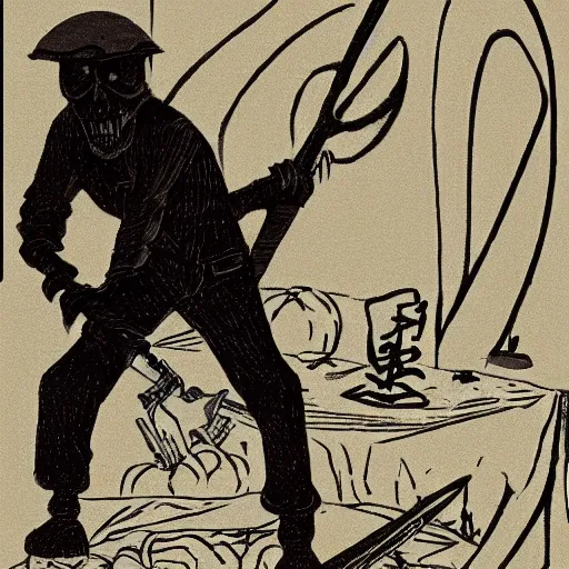 Prompt: an illustration of the death character with his scythe, working hard, in a open-space working space