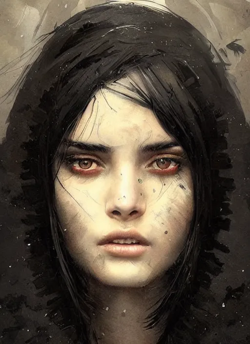 Prompt: a teenage girl with very short black hair and a huge cloak made of black raven feathers. beautiful highly detailed face. beautiful painting by greg rutkowski