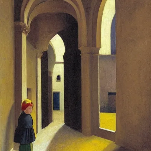 Prompt: in the distance, a little girl with short black hair and wearing a yellow coat alone in the inner courtyard of a cloister in an abbey, the light is bright and wintry, painting by hopper and de chirico