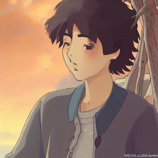 Image similar to friendly guy and small creature , with Fragile looking character portrait face made in Studio Ghibli artstyle ,highly detailed art, beautiful scene, sharp focus, smooth, 8k, anime art, fantasy, style in ghibli anime style, fantasy, mystic