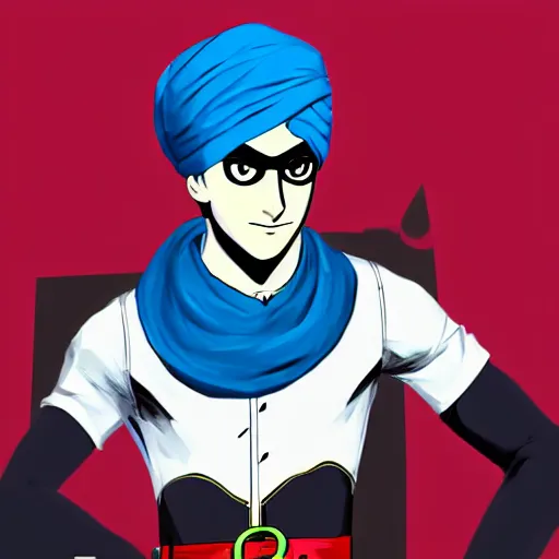 Image similar to A young man wearing a blue turban, beardless, shaven face, middle-eastern, in the style of Persona 5, Persona 5, Persona 5 artwork