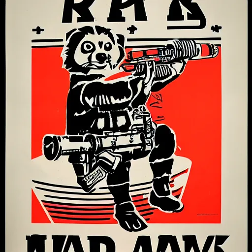 Image similar to red panda holding a rocket launcher!!! a propaganda poster!!!, stencil!!, hypnotic, historical poster, germany!!, clear view, world war, circa 1 9 3 9, stencil