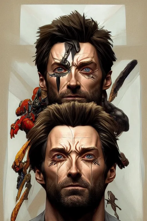 Image similar to symmetry!! portrait of hugh jackman in the boys in the style of god of war, machine parts embedded into face, intricate, elegant, highly detailed, digital painting, artstation, concept art, smooth, sharp focus, illustration, art by artgerm and greg rutkowski and alphonse mucha, 8 k