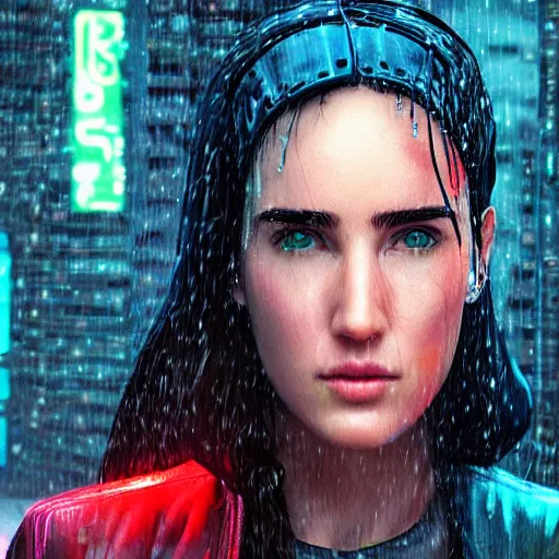 Image similar to young cyberpunk jennifer connelly, cartoon portrait made out of rain, realistic, highly detailed, neon, rendered in octane, unreal engine, rain, beautiful, trending on artstation, emotional