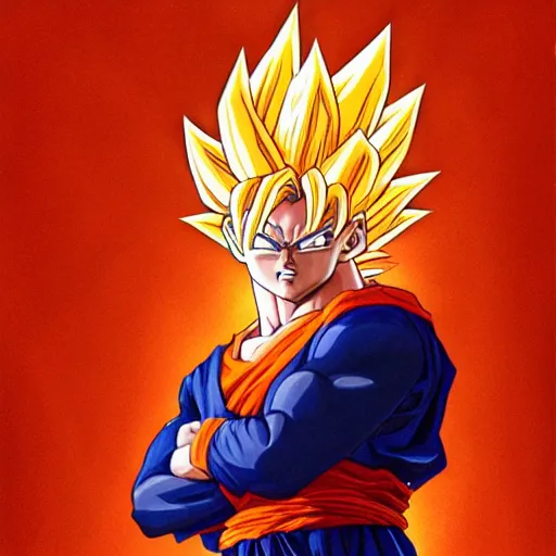 Prompt: Portrait of Super Saiyan Goku wearing, dark orange background , intricate, elegant, highly detailed, digital painting, artstation, concept art, smooth, sharp focus, illustration, art by artgerm and greg rutkowski and alphonse mucha