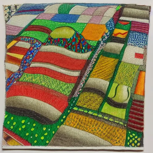 Prompt: a balloon from above, made from patchwork of several pattern cloths, over a landscape of different vegetable crops and some trees. High quality, colored pencil drawing, award winning, nostalgic