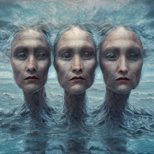 Prompt: a three headed sea hag, extremely detailed oil portrait, digital art, oil painting, cold blue tones, unreal 5 render, digital art, octane render, beautiful composition, trending on artstation, award winning photograph, masterpiece