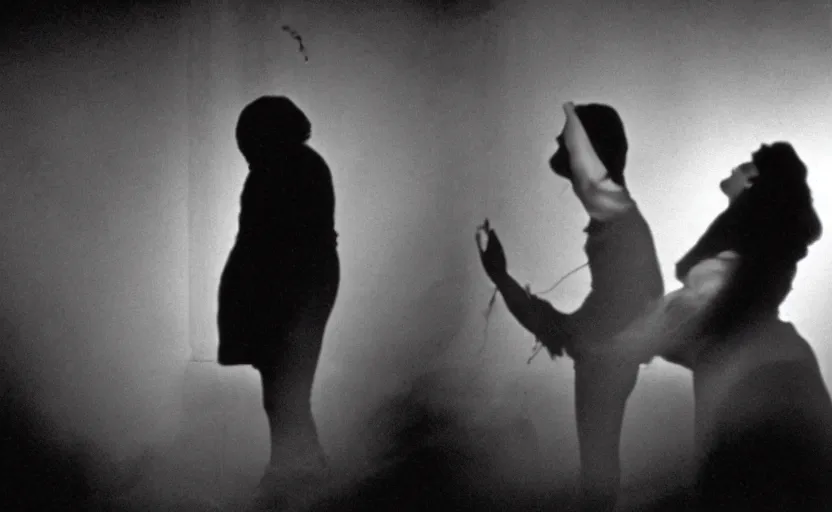Image similar to ecstasy and metamorphosis, still from an old surrealist black and white movie directed by Jan Svankmajer, Béla Tarr, Ingrid Bergman and Robert Wiene. Dark background, dramatic lighting, detailed, cinematic