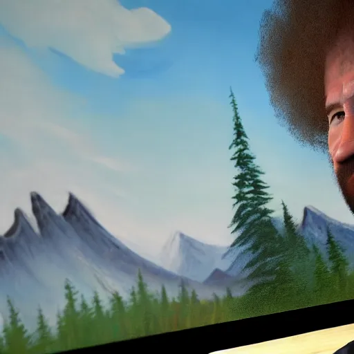 Image similar to a closeup photorealistic photograph of bob ross working on a canvas painting of mickey mouse. film still. brightly lit scene. mountains and trees. this 4 k hd image is trending on artstation, featured on behance, well - rendered, extra crisp, features intricate detail, epic composition and the style of unreal engine.