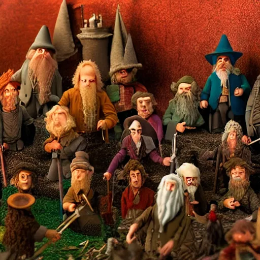 Image similar to claymation of bilbo's birthday party, gandalf, fireworks, frodo, pippin, merry, gritty, tilt shift, award winning, highly textured, very detailed