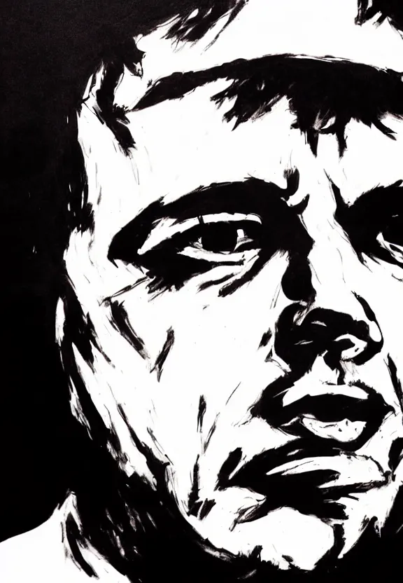 Image similar to close up. perfect symmetric face, coherent symmetric eyes. detailed face. portrait of tony montana from movie scarface. high detailed. red and black ink paint