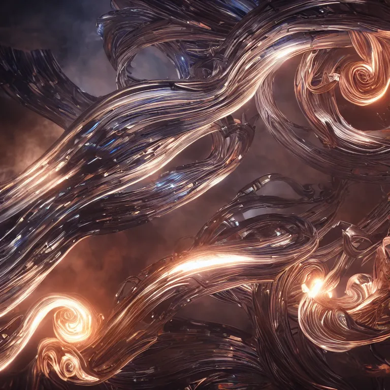 Image similar to swirling abstract cyborg parts and ornate flowing smoke streams and smooth particle effects surround a metallic spiral, cinematic, unreal engine