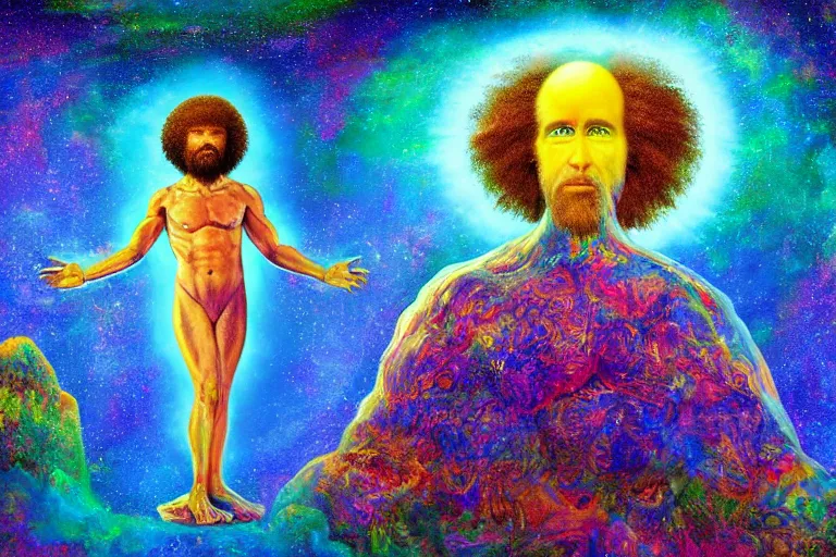 Image similar to google satellite view of a god transubstantiating into a human being, highly detailed, realistic, illustrated by bob ross and lisa frank